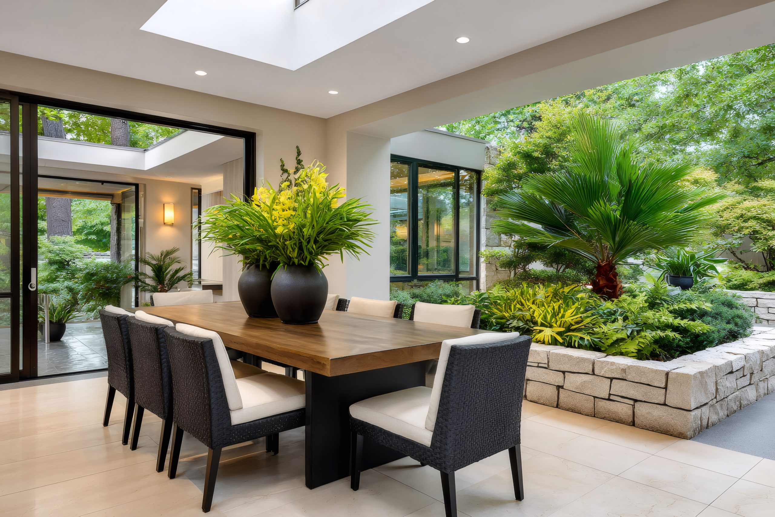 Dining room opening onto a beautiful garden with a large wooden table and skylight
