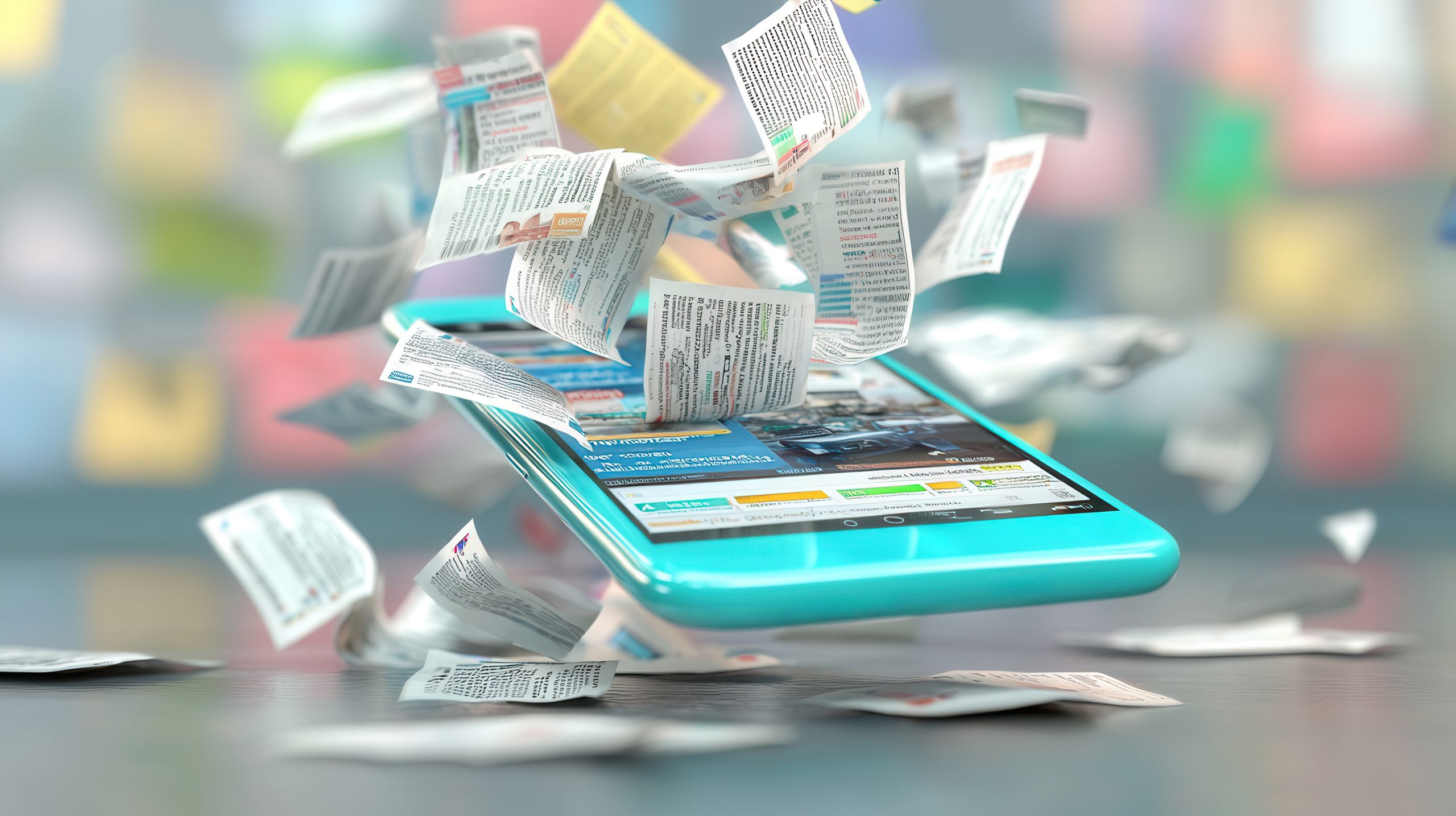 A Smartphone screen exploding with digital news articles and information overload, showcasing chaos of modern communication